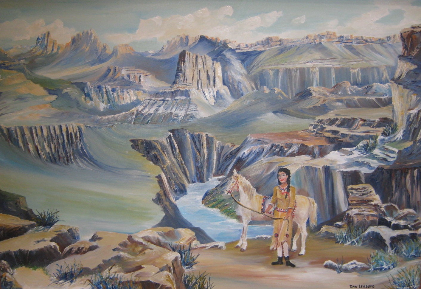 Grand Canyon Indian Girl and White Horse, Around The World Art, Dan Leasure Oil, 27 x 25 in. Framed