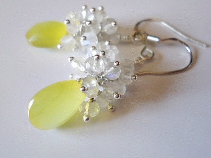 Sale - Sunshine Yellow Chalcedony Cluster  Moonstone Earrings