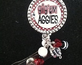 Texas A&M Gig'em Aggies Beaded Bezel ID Badge on Swivel Clip