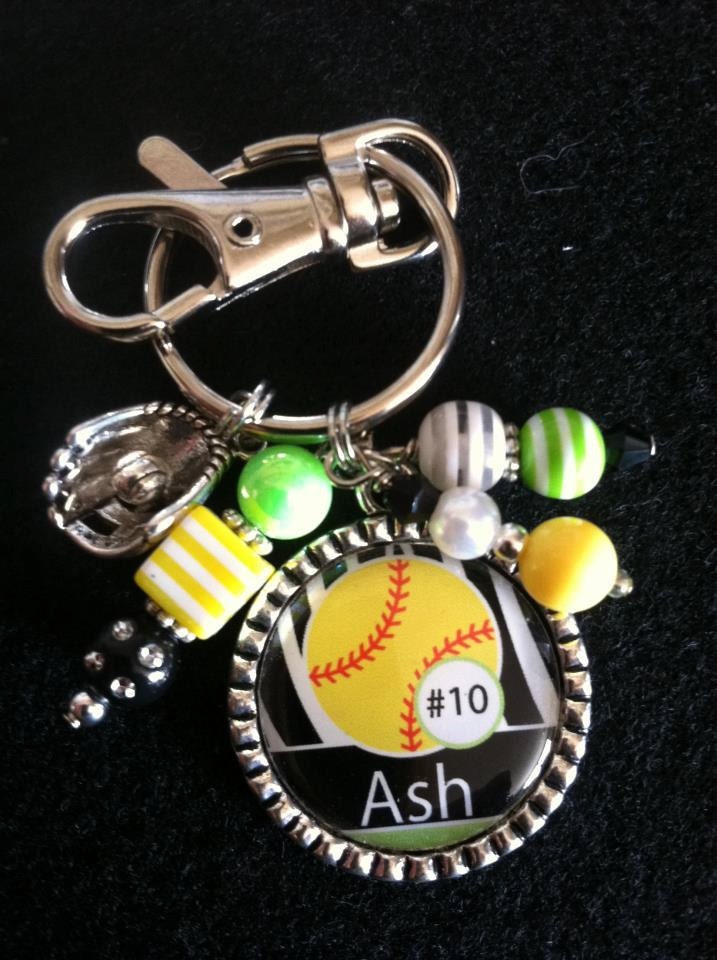 Bezel Pendant Personalized Lime & Zebra Softball Keychain w/Clasp