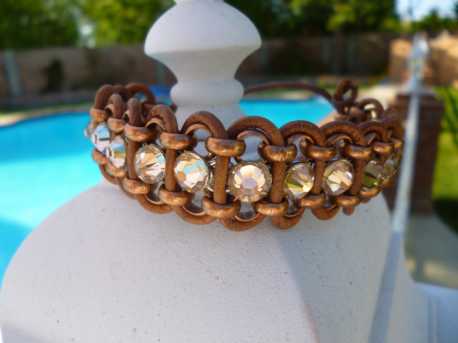Brown Leather Cuff Bracelet with Antique Pink Crystals Swarovski Rhinestones Unique Women's Jewelry