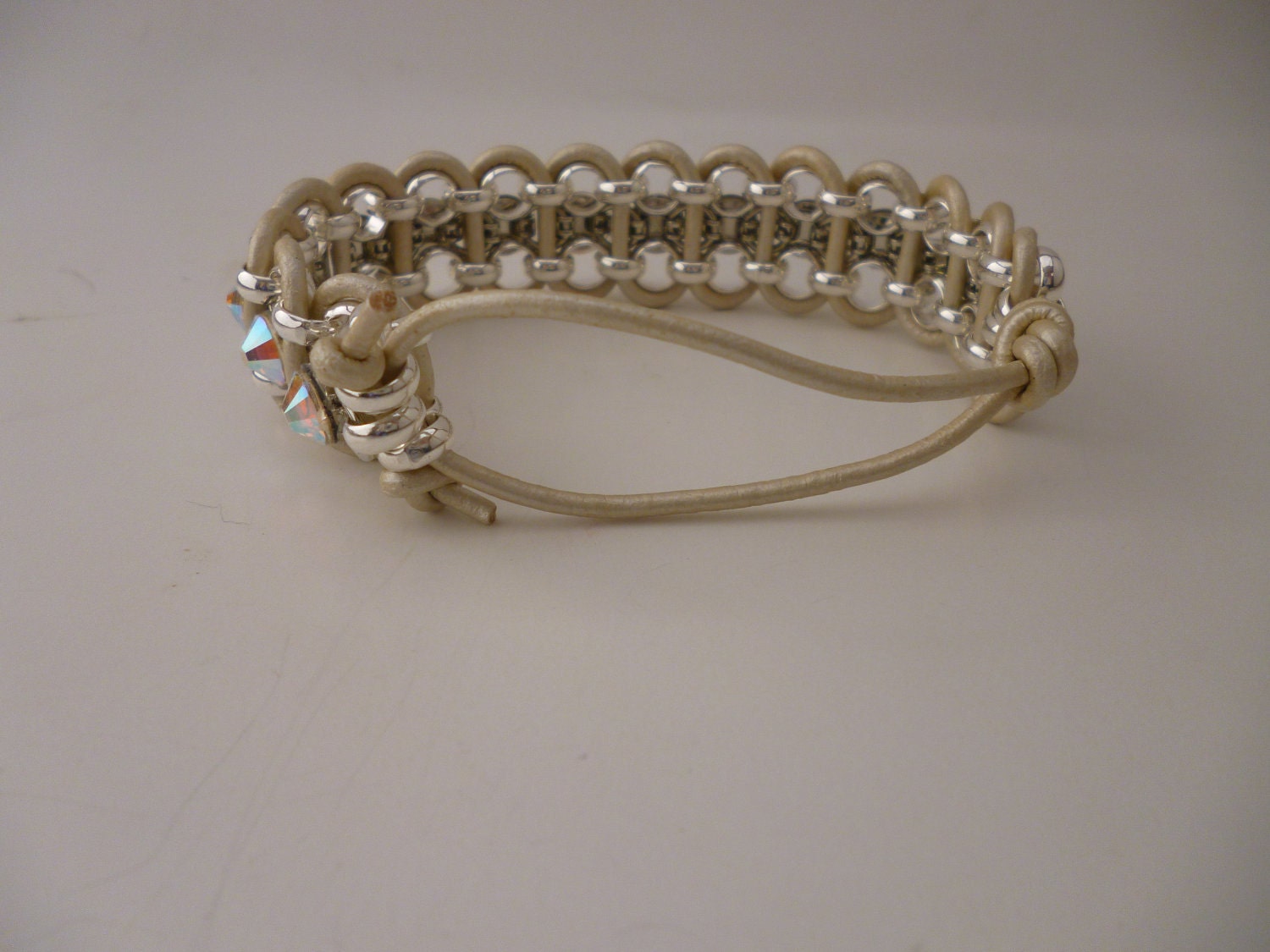 Crystal Cuff Bracelet Pearl White Leather and Swarovski AB Rhinestones Brides Bridesmaids Wedding Bling
