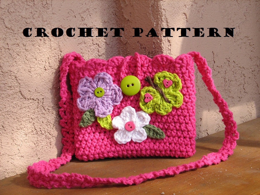 Girls Bag / Purse with Butterfly and Flowers, Crochet Pattern PDF,Easy, Great for Beginners,  Pattern No. 13