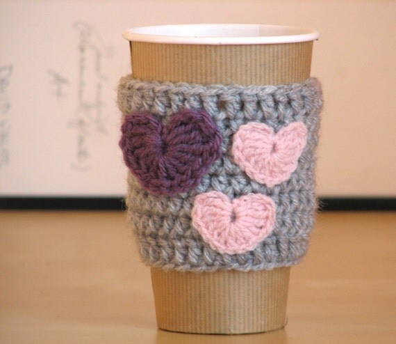 Crochet Coffee Cup Cozy Sleeve in Silver Color with Purple and Pink Heart ,Coffee Cup Sleeve , Valentines day gift