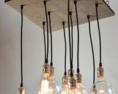 Square Industrial Style Chandelier Light Fixture made from reclaimed wood & Edison bulbs
