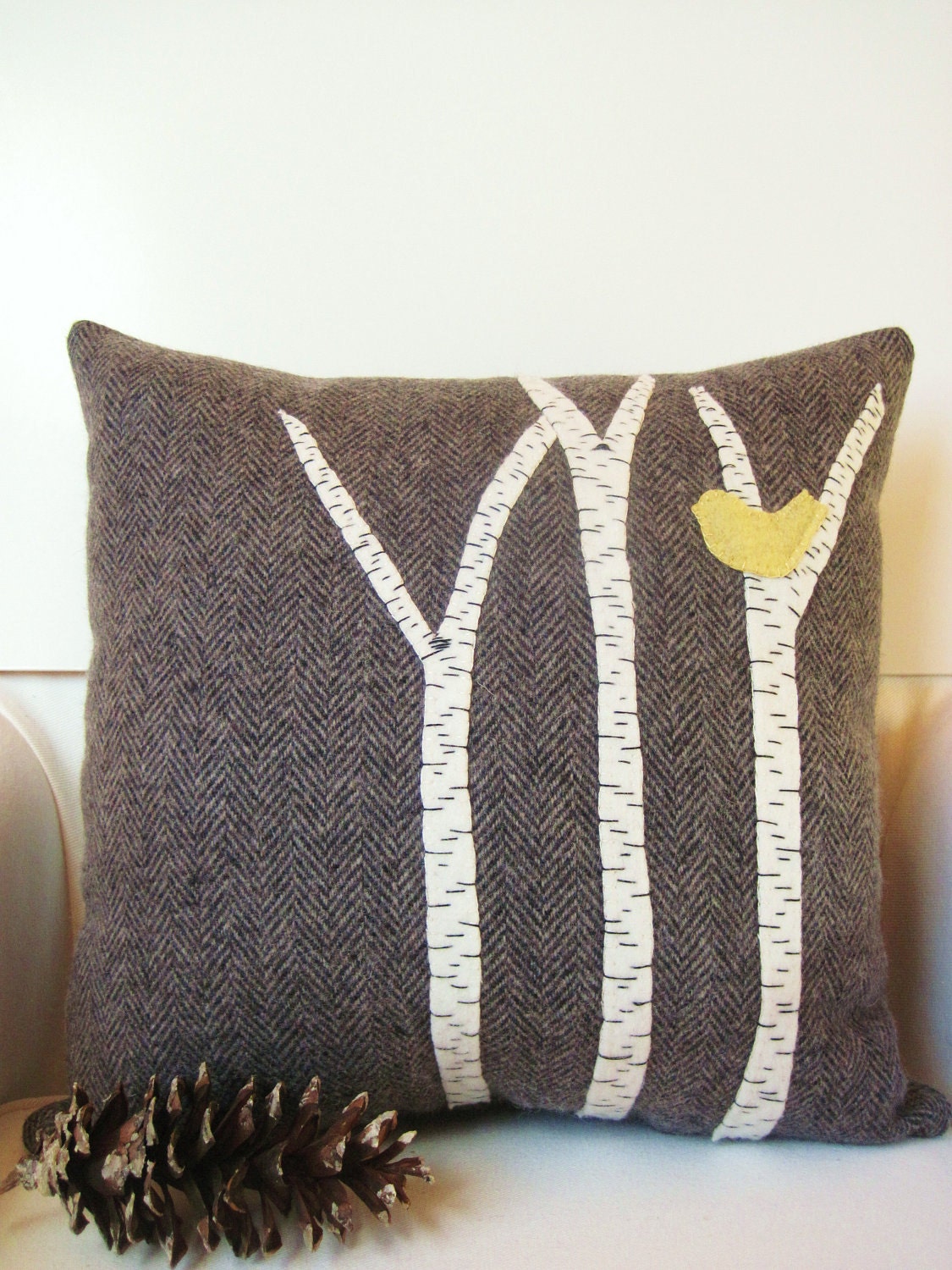 Decorative Pillow / Wool Fabric Applique / Wool Pillow / Cabin / Birch Trees / Yellow Bird