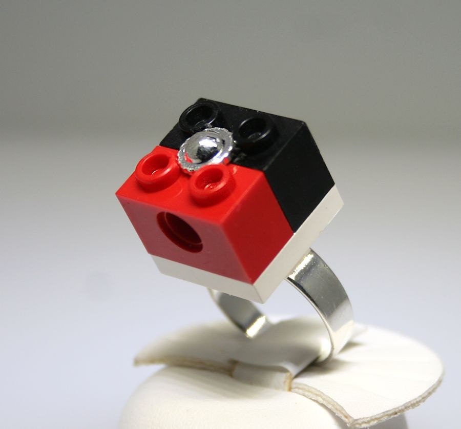LEGO (R) Ring Red and Black with Silver Center - Unique, Retro & Funky