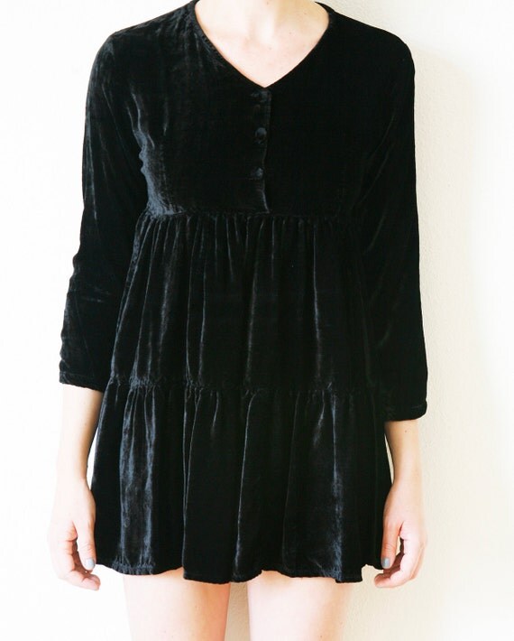 Black Velvet Babydoll Mini Dress Empire Waist by VintageReBelle