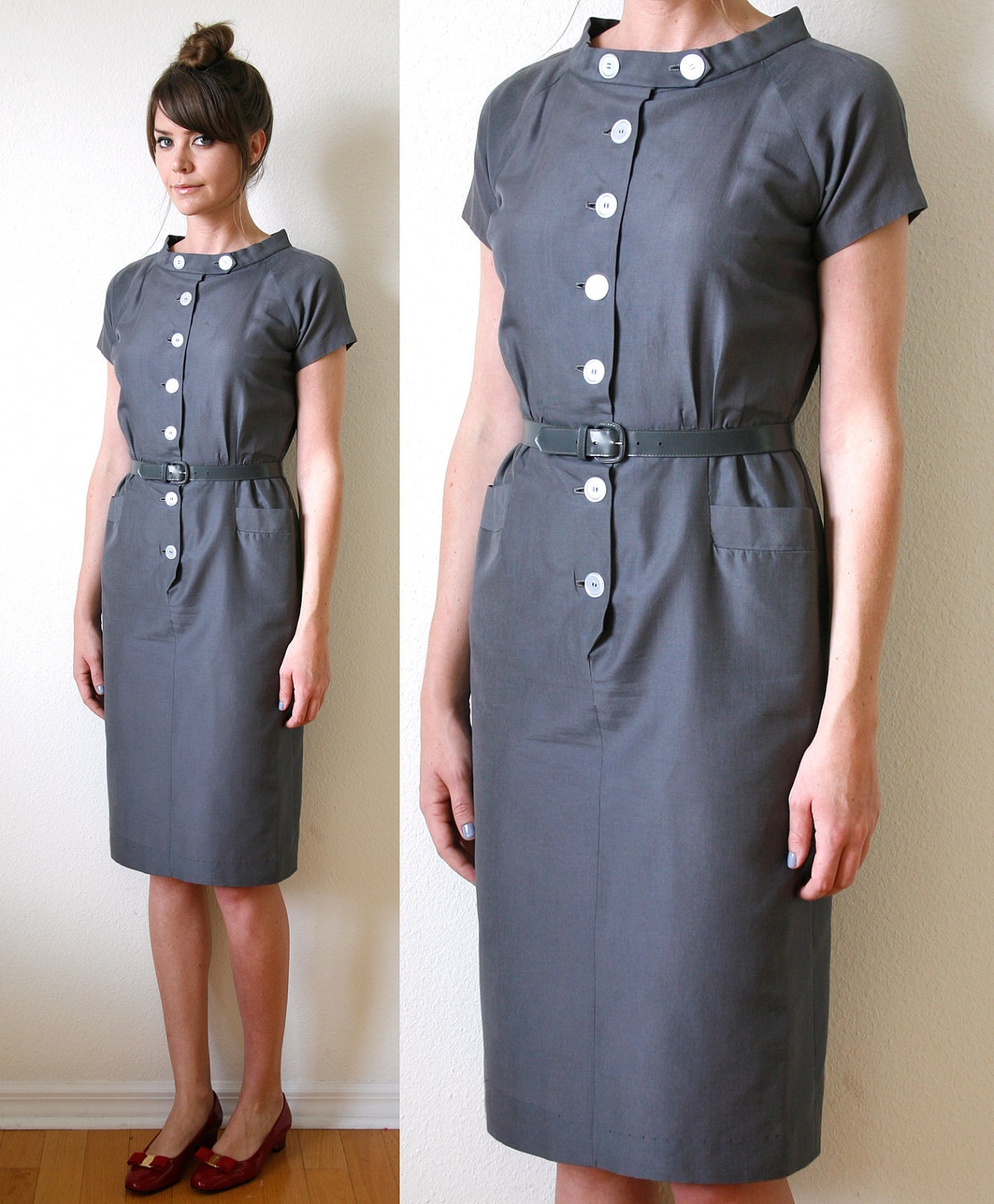 Mad Men 60s Dress Slate Gray Cotton Button Collar Medium