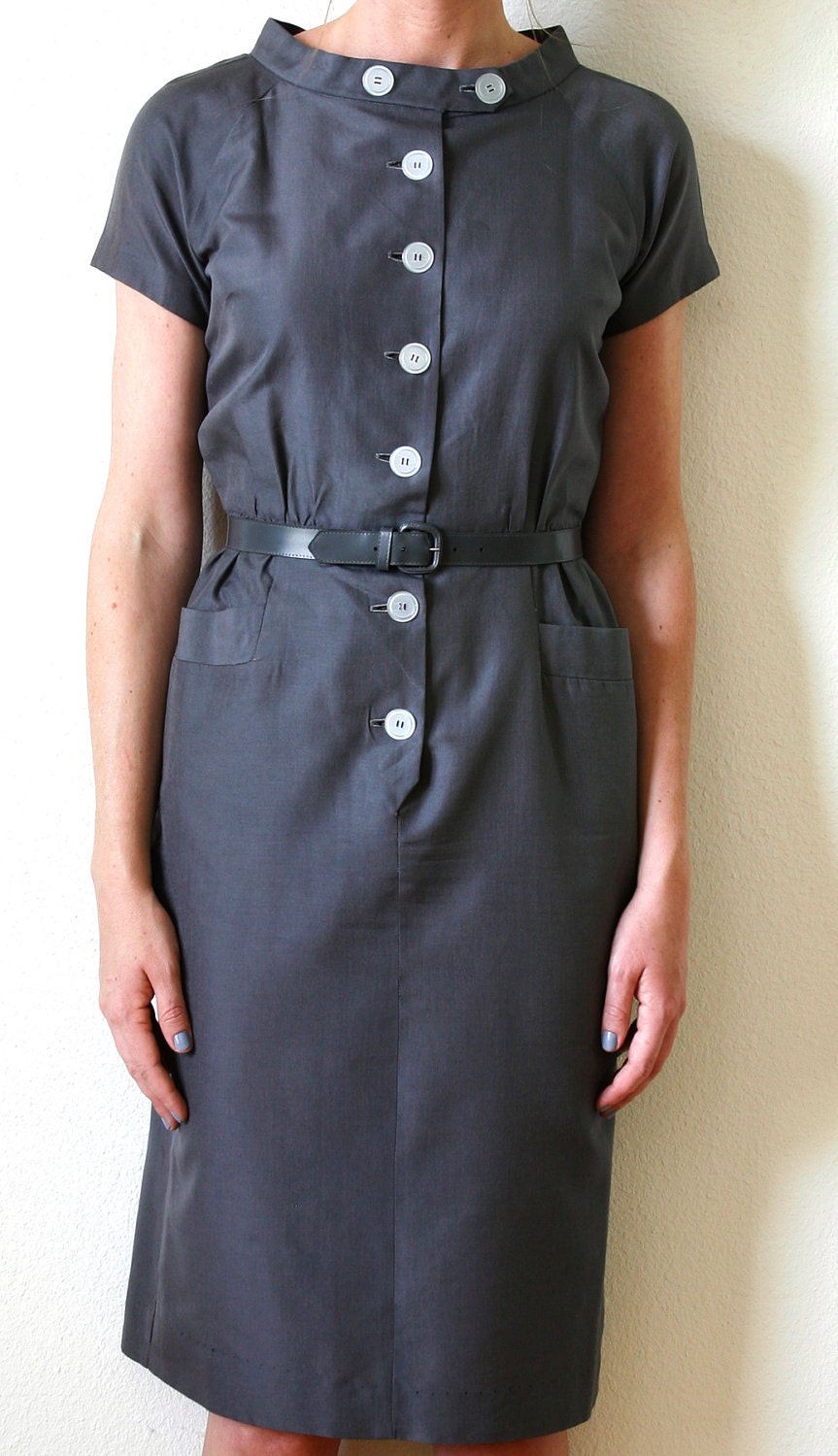 Mad Men 60s Dress Slate Gray Cotton Button Collar Medium