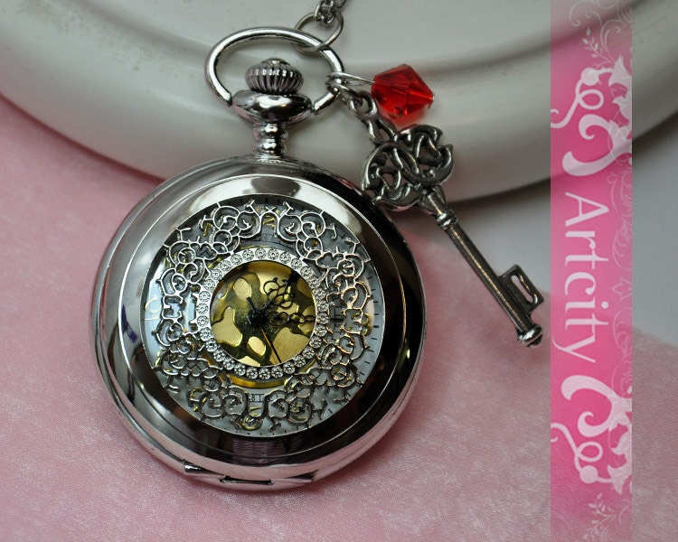 Curved Silver flower Golden Dial Pocket watch necklace(Big Size), with loving key and red crystal
