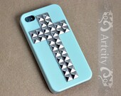 Cross Studded Iphone Case Silver pyramid studs Light Green IPHONE 4/4S Case----for Apple iPhone 4 Case, iPhone 4s Case, iPhone 4 Hard Case