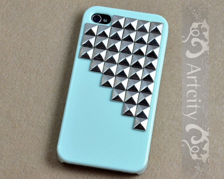 Studded Iphone Case Silver pyramid studs Light Green IPHONE 4/4S Case----for Apple iPhone 4 Case, iPhone 4s Case, iPhone 4 Hard Case