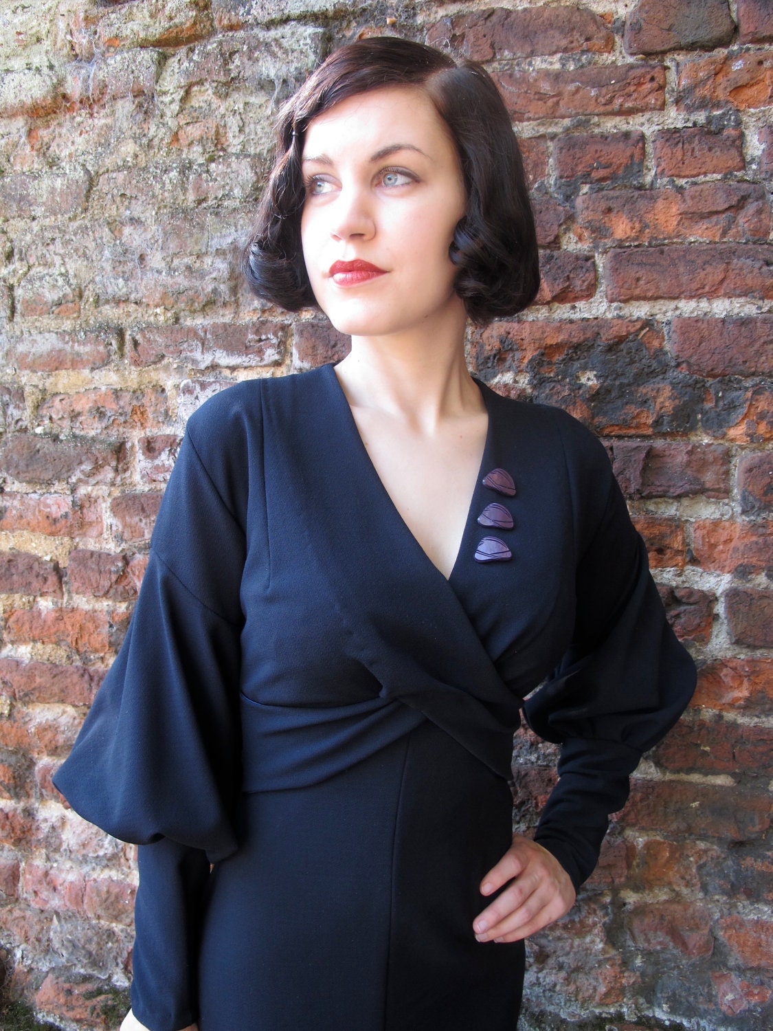 RESERVED for emilyanneash- Claudette- Early 1930s inspired dress in wool crepe with leg o' mutton sleeves