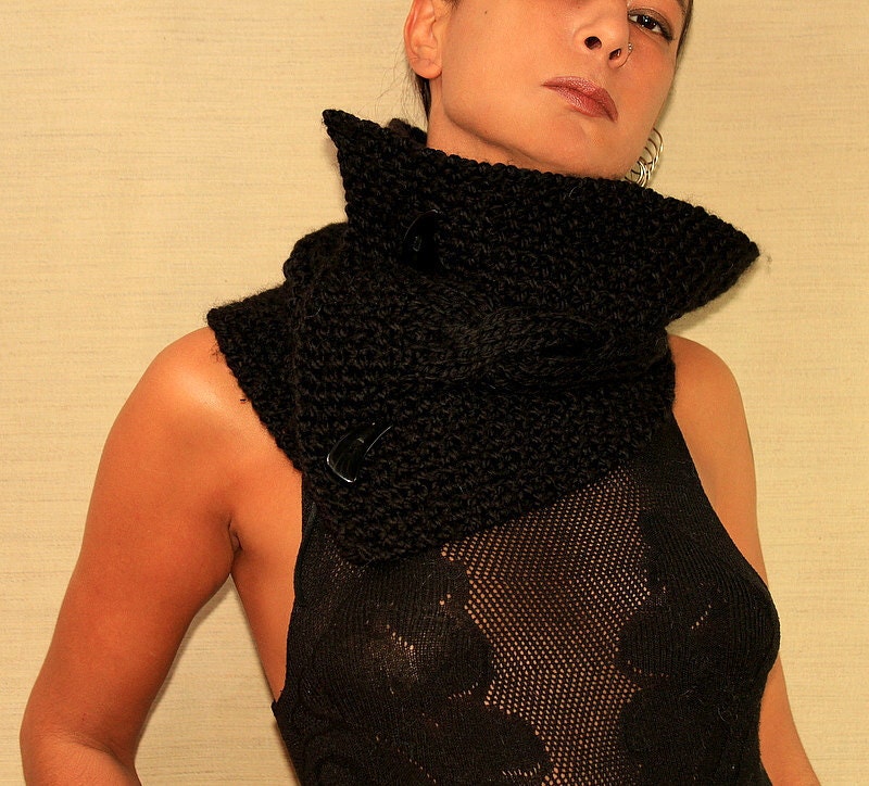 Black Cable Knit Scarf  with Leather Cowl Neck Warmer Men Scarf Women Chunky Infinity Scarf Winter Accessories