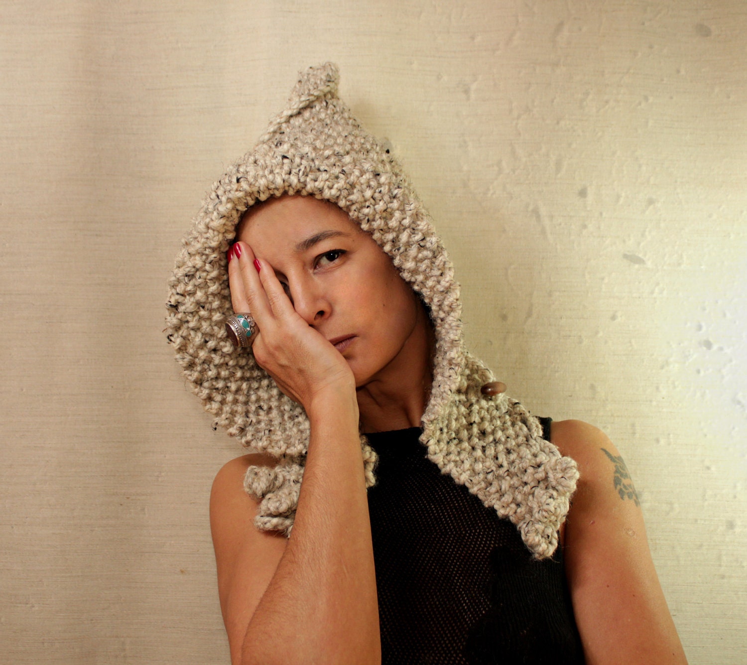 Knit Pixie Hat Hood Rustic Brown Cream Hooded Scarf Elf Scoodie  Hoodie Hood Wood Buttons Winter Accessories