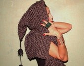 Knit Charcoal Hooded Scarf with Leather Fringes / Thick  Hoodie Hood / Dark Grey Pixie Hoodie / Winter Accessories