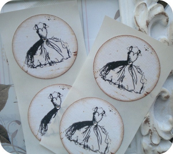 Wedding Dress Stickers / Seals - Cottage Chic - Vintage Inspired - Set of 12 - 1.5 inch - Adorned w/ Gems - Tags - Cupcake Toppers