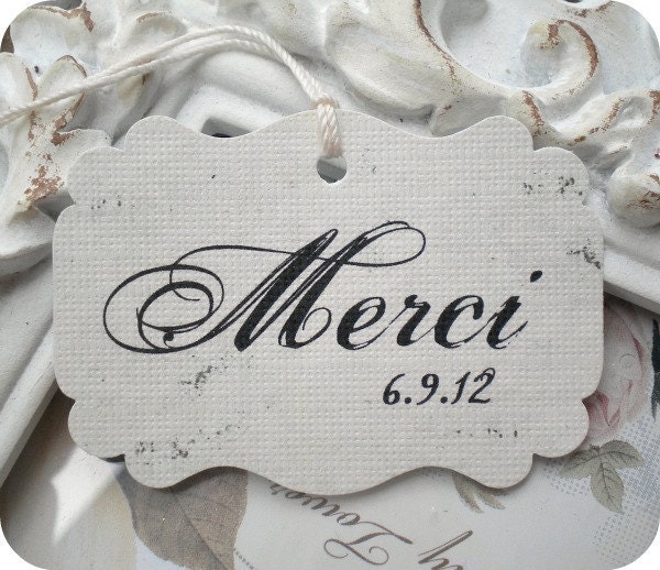 Personalized French Merci Favor Tags - Vintage Inspired - Cottage Chic - Set of 50 - Weddings, Escort Cards, Cupcake Toppers, Showers