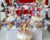 NEW - Cottage Chic 4th of July Nantucket Pinwheel Cupcake Toppers - Americana - Set of 28