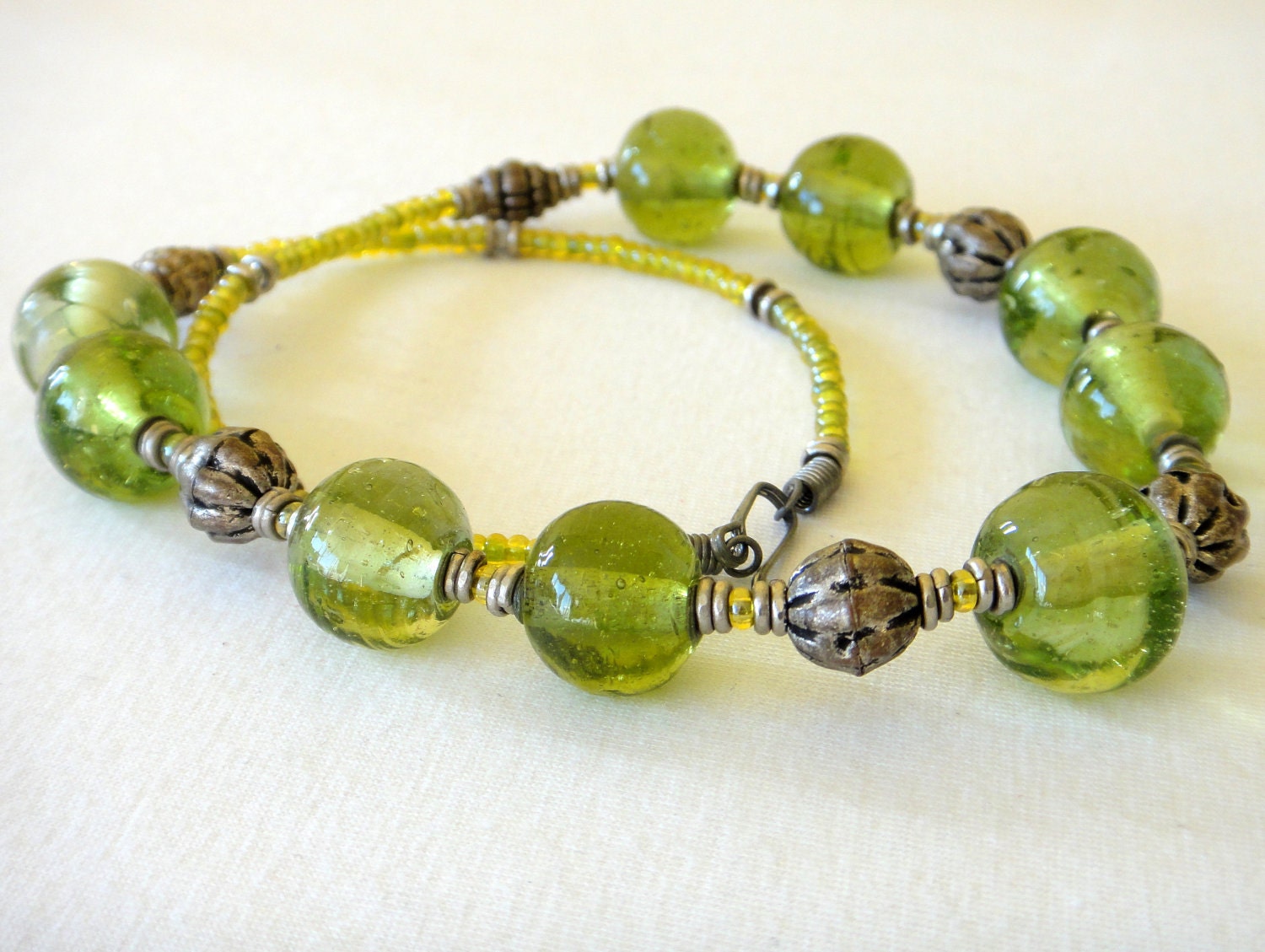Green Necklace. Handmade Recycled GLASS.  Ethiopian Silver Beads Necklace FREE Earrings Upcycled Glass. Kitengela Type MapenziGems G03