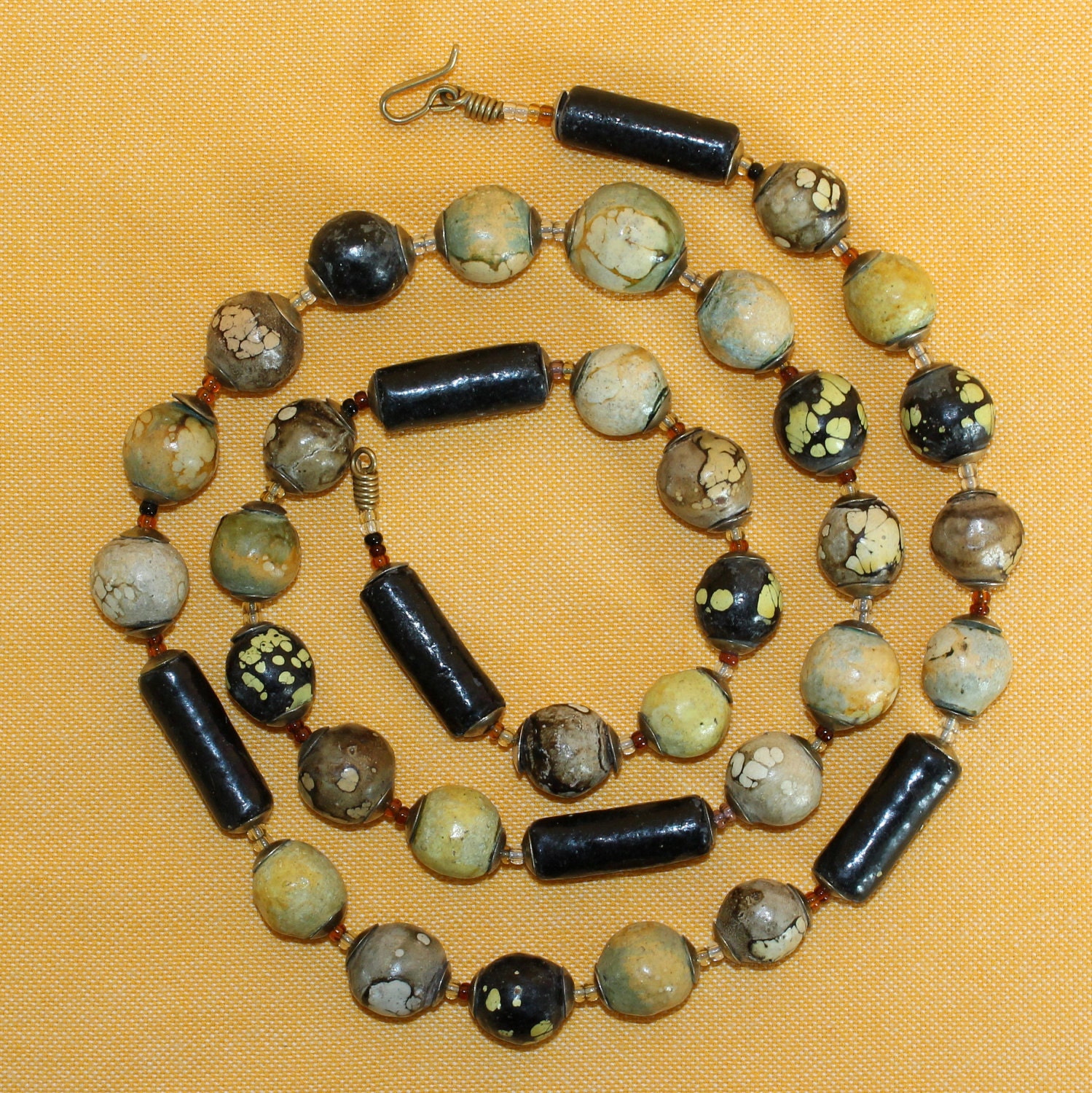 Handmade NATURAL Clay Beads Necklace  FREE Earrings Hand Painted Multi Color Lariat. Kazuri Type. MapenziGems CL03