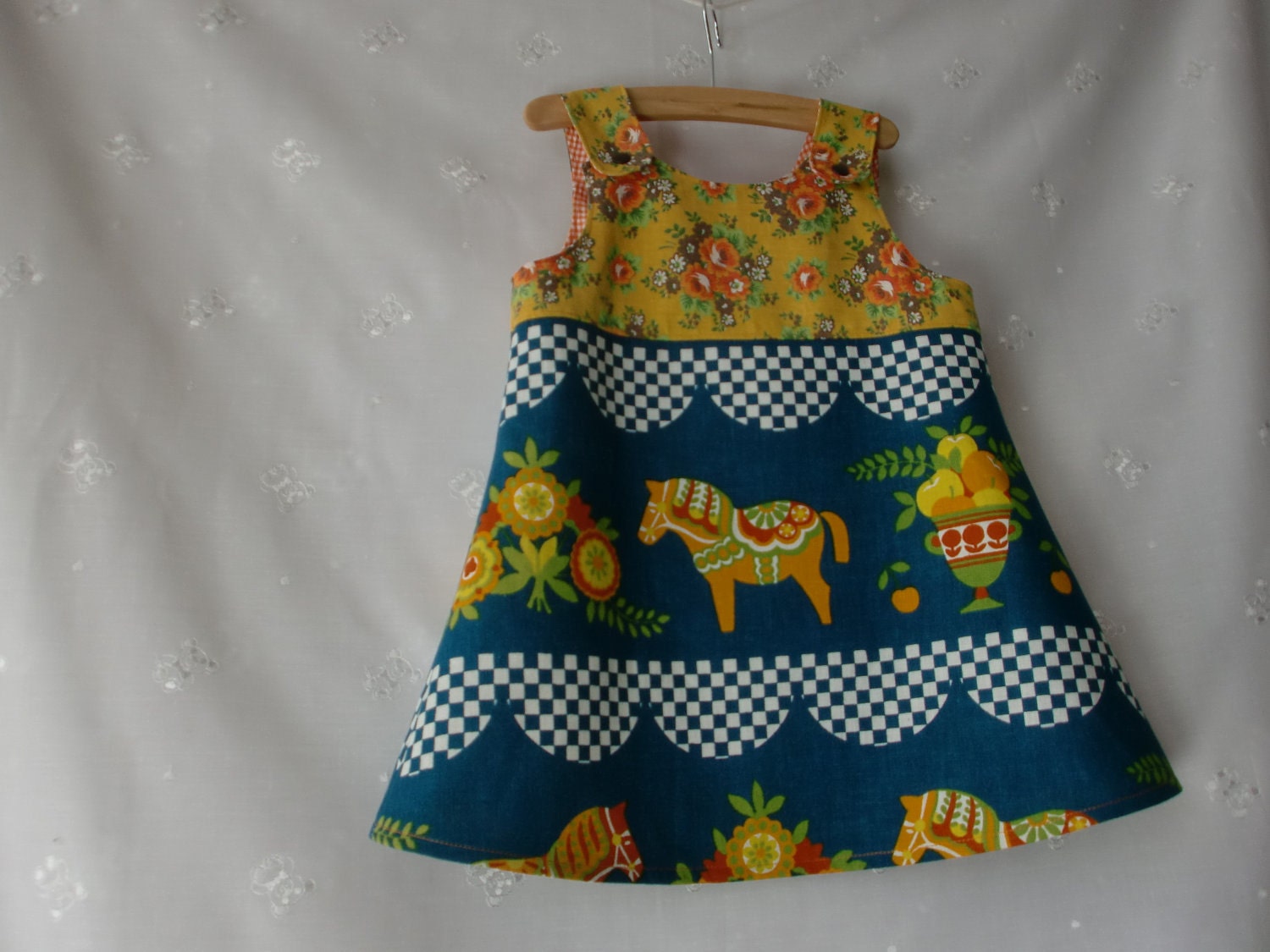 Recycled upcycled vintage fabric folkloric Dala horse dress pinafore jumper dress, boho, girl's dress, baby toddler dress 70's fabric