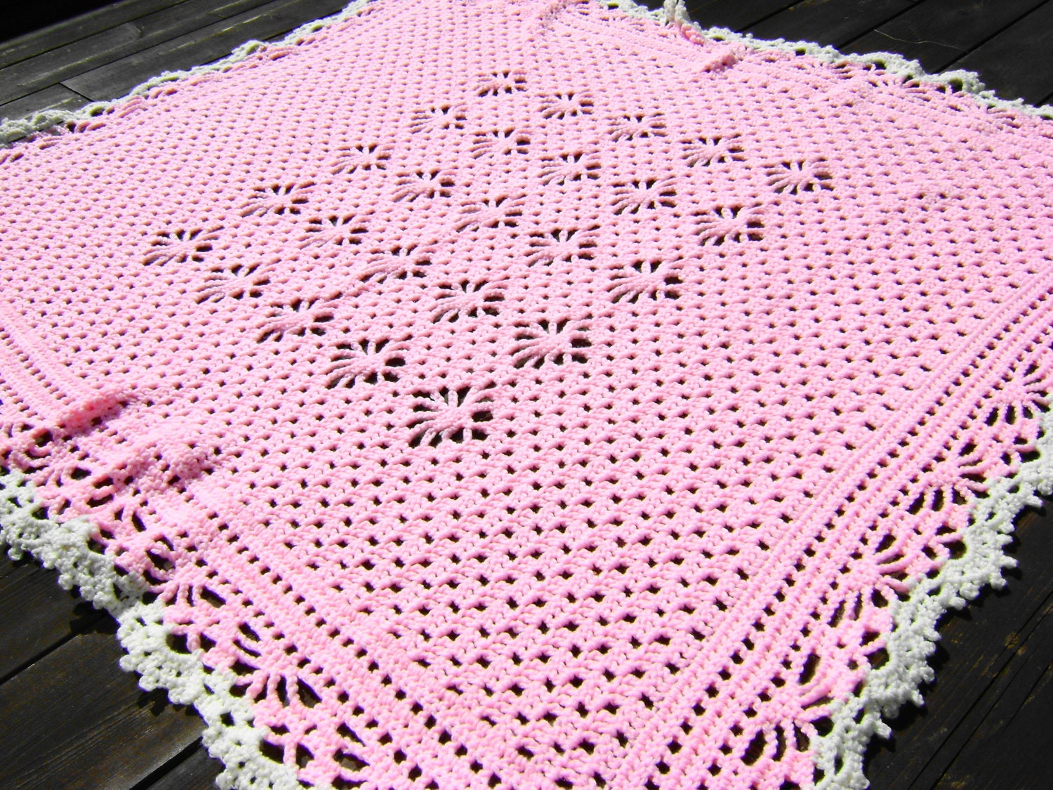 Crocheted Baby Blanket Bright Pink with Cream Trim