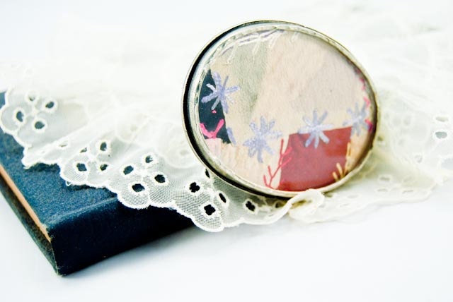 FINAL SALE Vintage Fabric & Thread Collage Glass Belt Buckle