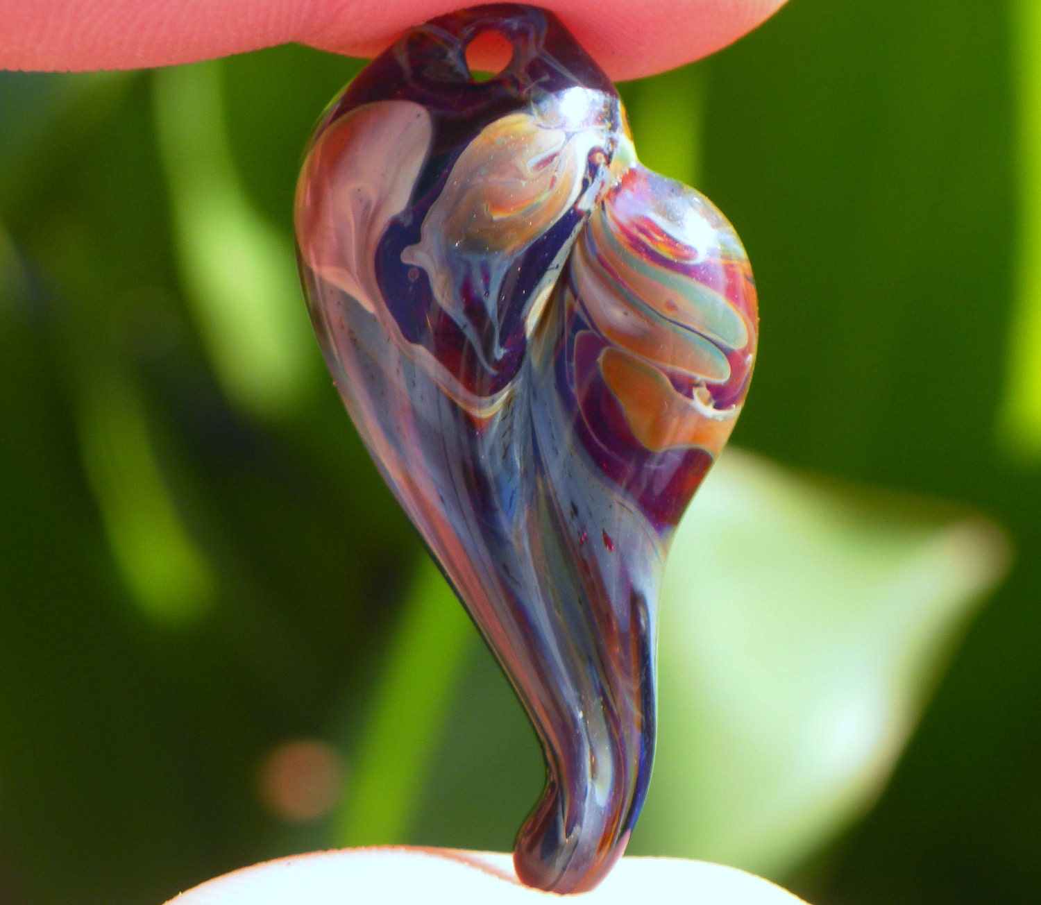 Glass Heart Pendent Amber Purple with Cream Accents