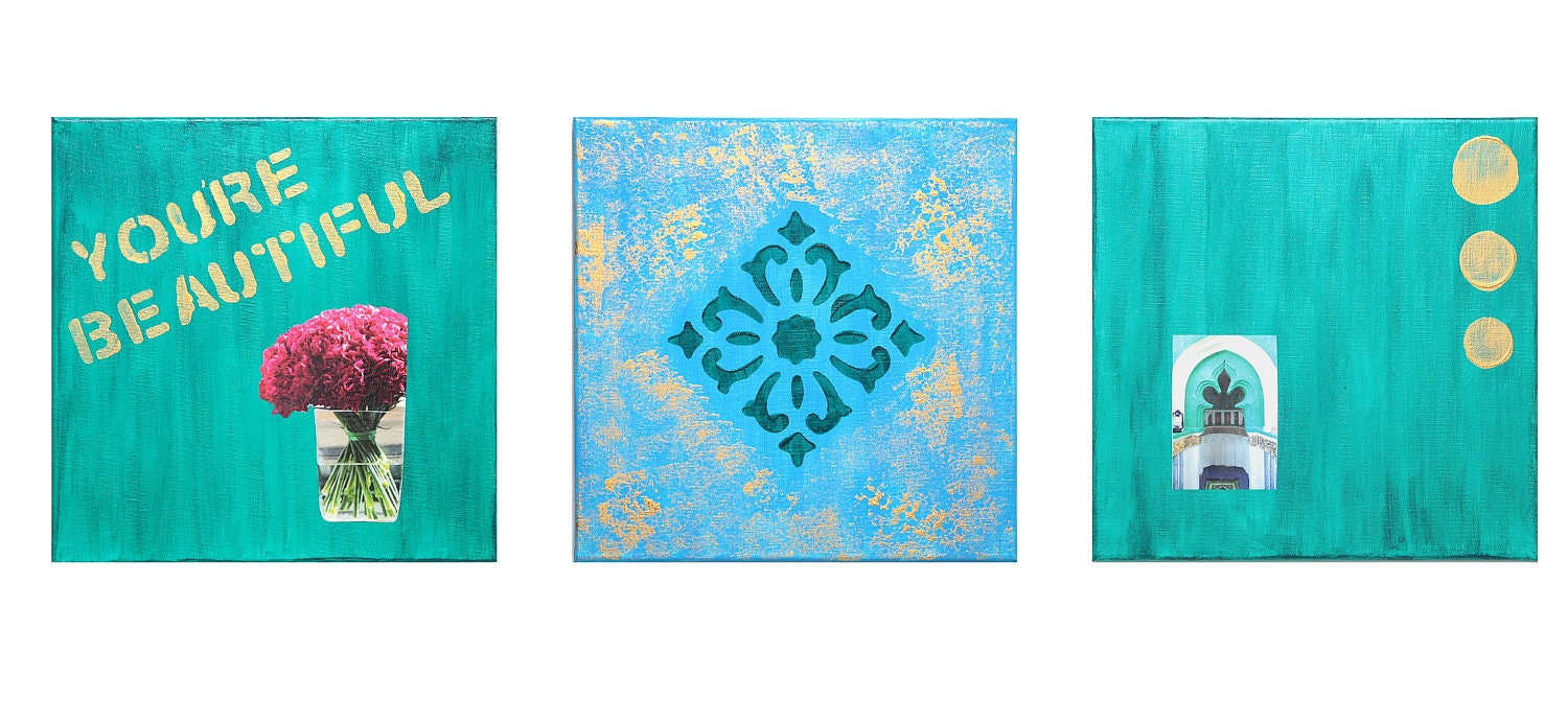 Entitled "You're Beautiful." Acrylic, Mixed Media painting. Phthalo Green, Baby Blue, & Gold. Set of three 12 in by 12 in canvases.