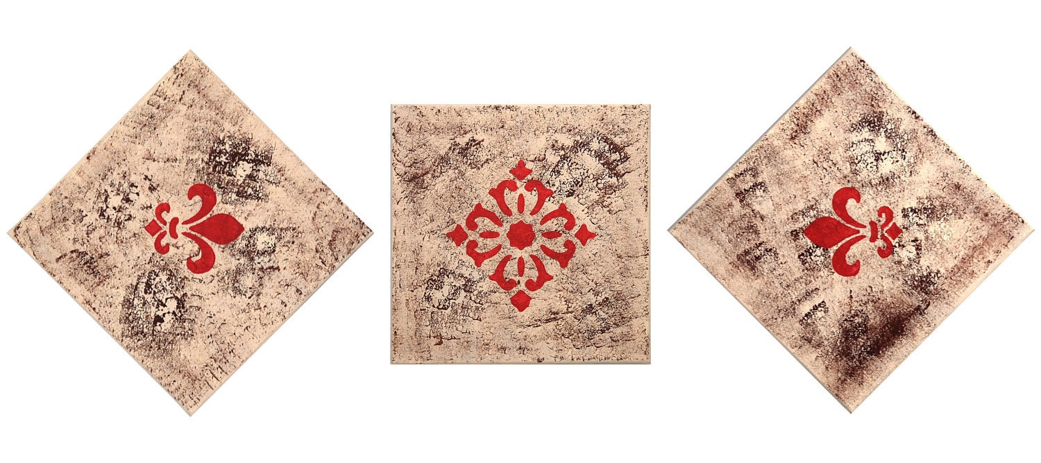 Entitled "Mocha." Home Decor with Tan background, Brown texture and Crimson Red design. Set of three 12 in by 12 in Acrylic Paintings. - amberwahbi Entitled "Mocha." Home Decor with Tan background, Brown texture and Crimson Red design. Set of three 12 in by 12 in Acrylic Paintings. - amberwahbi
