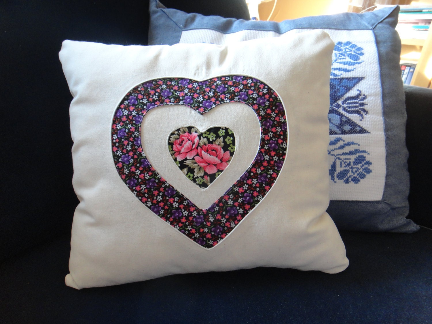 Hearts Patchwork Decorative Pillow, Cotton canvas, appx. 15"x15"  / 40x40 cm, 100% good quality cotton fill