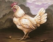 Giclee Print of Original White Chicken Wood Panel Painting, animal art, 8x8" paper size
