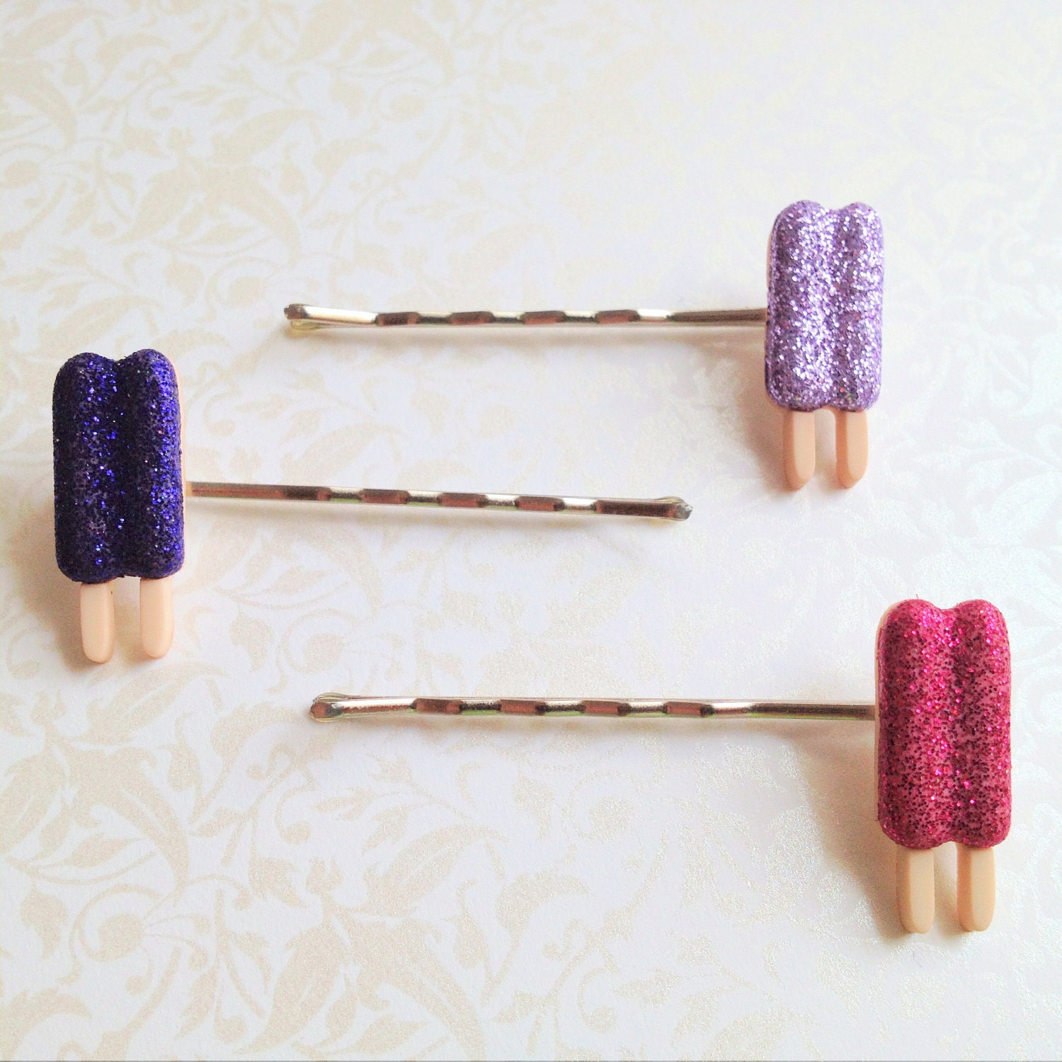 Glitter Popsicle Bobby Pins. Set of Three. Pink. Purple. Lavender. Silver Tone Bobbies. Bobby Pins. Hair Accessory. Whimsical. Fun. Summer.