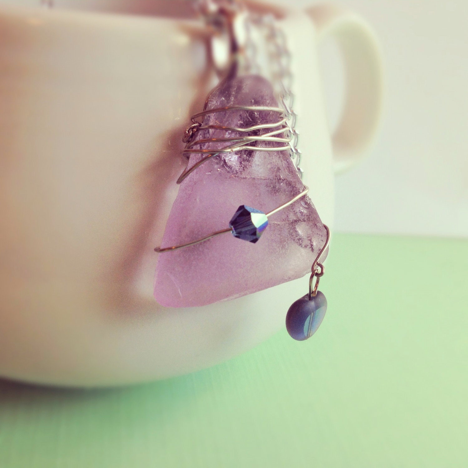 Purple Sea Glass Necklace. Wire Wrapped. Heart. Lavender. Blue. Pastel. Silver Chain. Crystal. Silver. Triangle. Nautical. Beach. Summer.