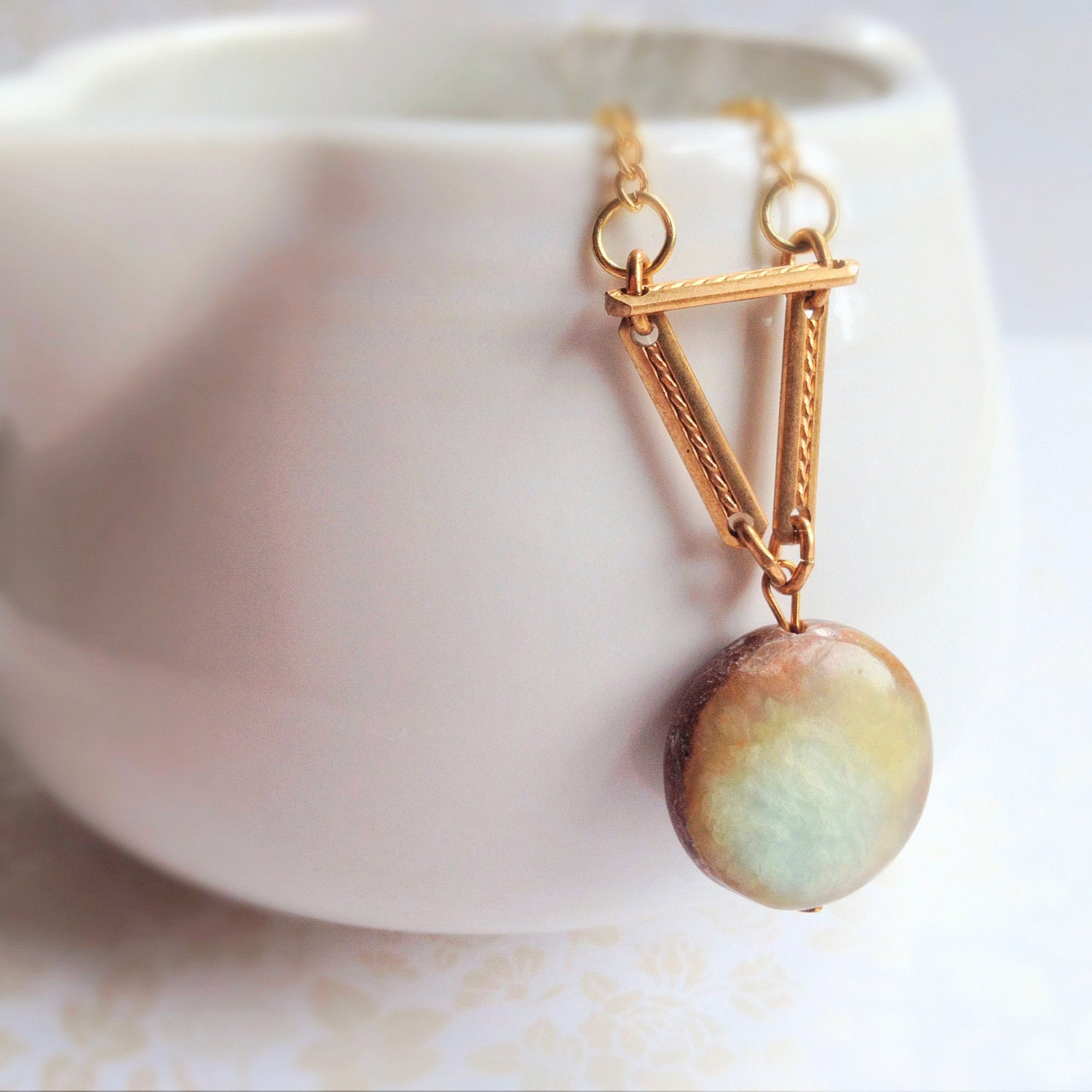 Minimalist Triangle Round Stone Necklace. Natural Stone Jewelry. Boho. Gold. Chevron. Hipster. Wild Child. Unique Gifts. Mint Green. Tan.