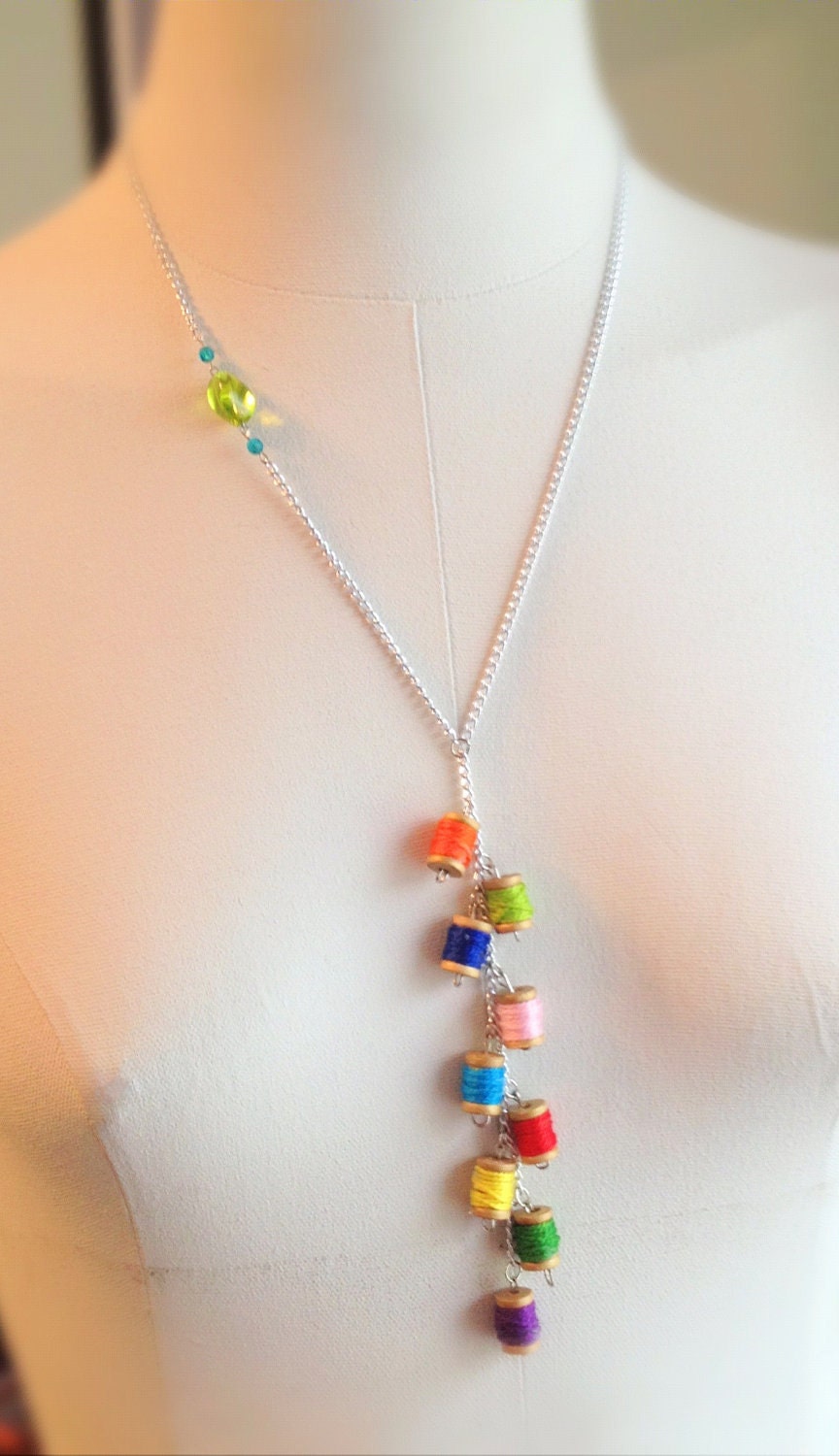 Miniature Spool Necklace. Colorful. Wood. Rainbow. Silver Chain. Bright. Whimsical. Fun. Summer. Spring. Boho. Unique. Y Necklace.