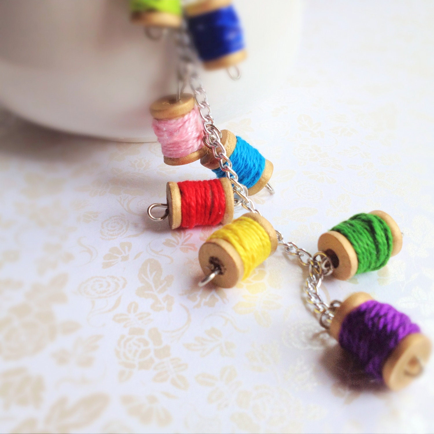 Miniature Spool Necklace. Colorful. Wood. Rainbow. Silver Chain. Bright. Whimsical. Fun. Summer. Spring. Boho. Unique. Y Necklace.