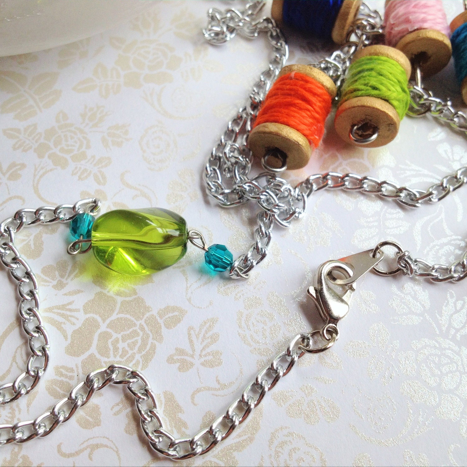 Miniature Spool Necklace. Colorful. Wood. Rainbow. Silver Chain. Bright. Whimsical. Fun. Summer. Spring. Boho. Unique. Y Necklace.