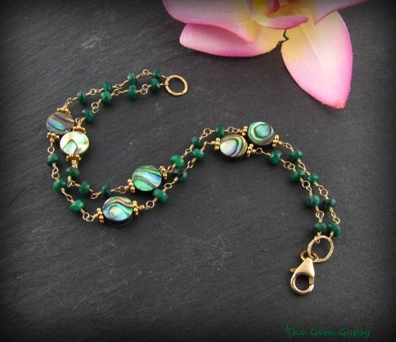 Double Strand Emerald Abalone Gold Wire Wrap Bracelet
