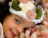 Olive and Taupe Shabby Chic Satin Fabric Floret Cluster Birdcage Veil Headband