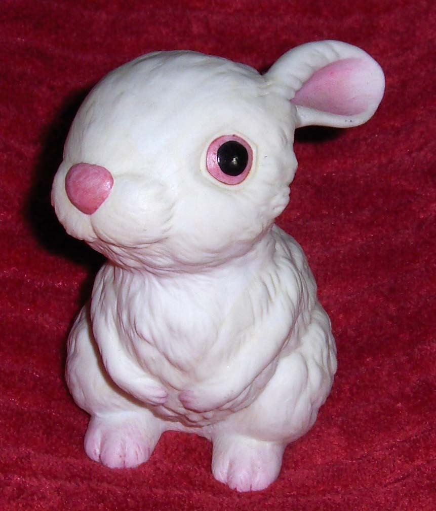 Vintage Bunny Rabbit Figurine Pink Eyes Pink Ears Porcelain Ceramic Andrea by Sadek White Hare