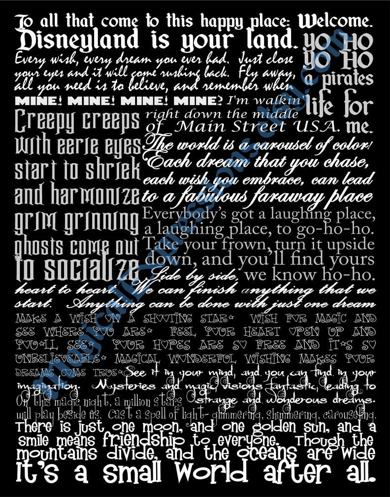 Disneyland Typography (Song Lyric Art Print ) 11 by 14