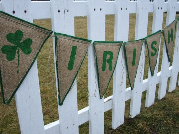 Upcycled Burlap Banner IRISH (Green Painted Letters with Green Felt Backing) Eco-Friendly St. Patrick's Day Decor