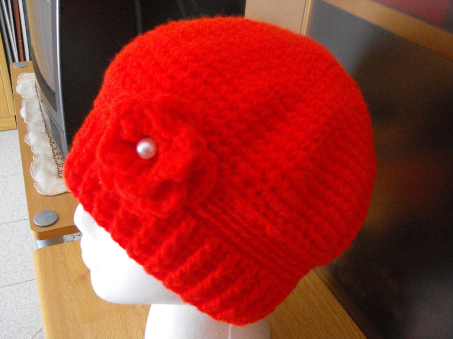 Handmade crochet RED beanie with flower.