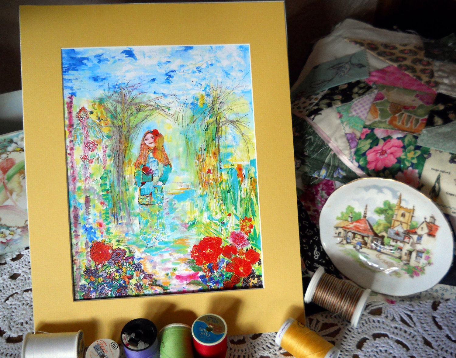 Garden Lady Watercolor Print & Card Set, Professional Red Matt, Foam Core, Ready To Frame