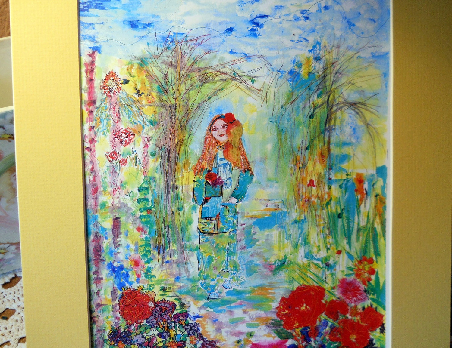 Garden Lady Watercolor Print & Card Set, Professional Red Matt, Foam Core, Ready To Frame