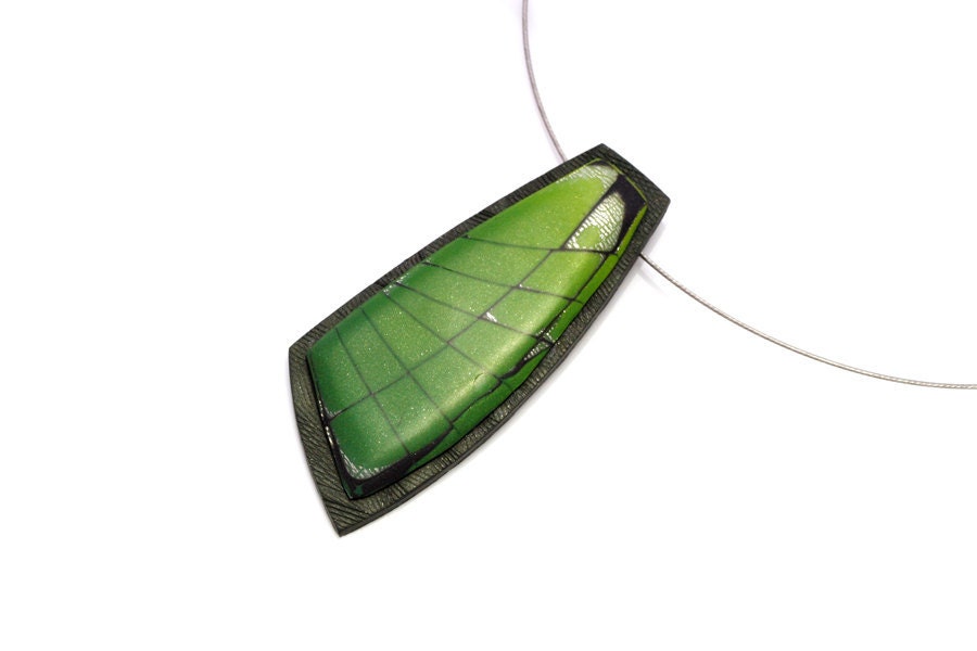 Green Pendant Necklace - Unique Polymer Clay  Mokume Gane Pendant - Spirit Of A Dragon