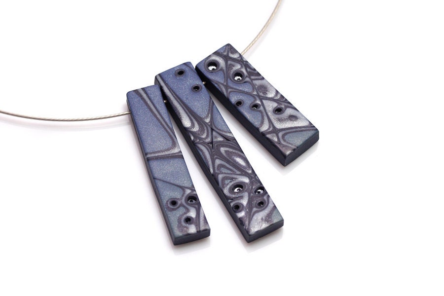 Blue Pendant Necklace, OOAK Polymer Clay Pendant, Abstract Jewelry